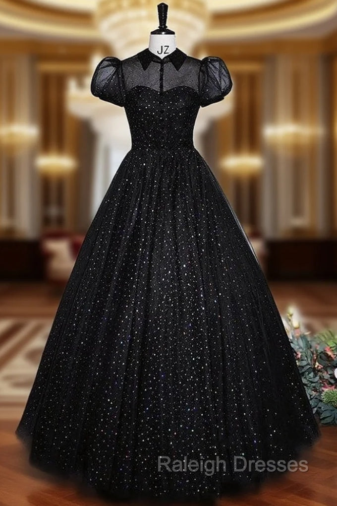 Black Tulle Puff Sleeve Prom Dresses