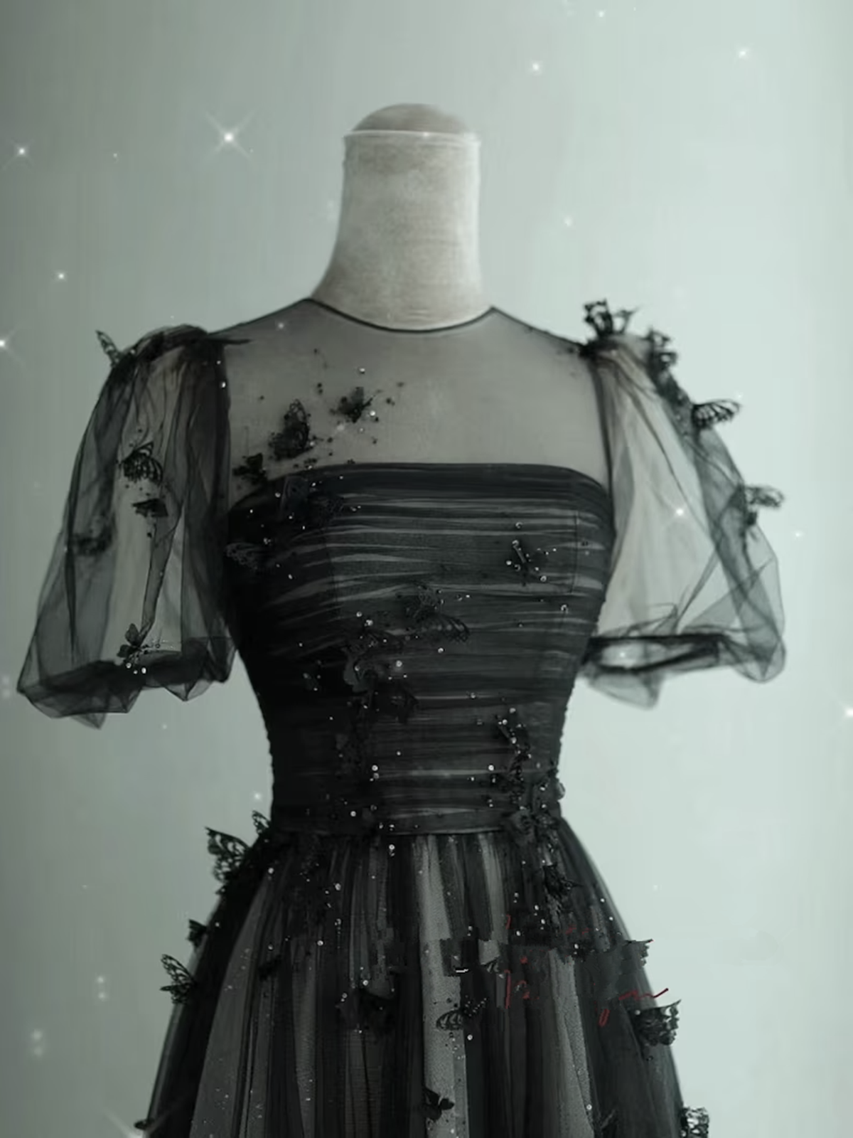 Black Tulle Puffy Short Sleeves A-Line Prom Dress, Black Evening Dress Party Dress Secondary image