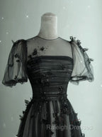 Black Tulle Puffy Short Sleeves A Line Prom Dresses Black Prom Dresseses