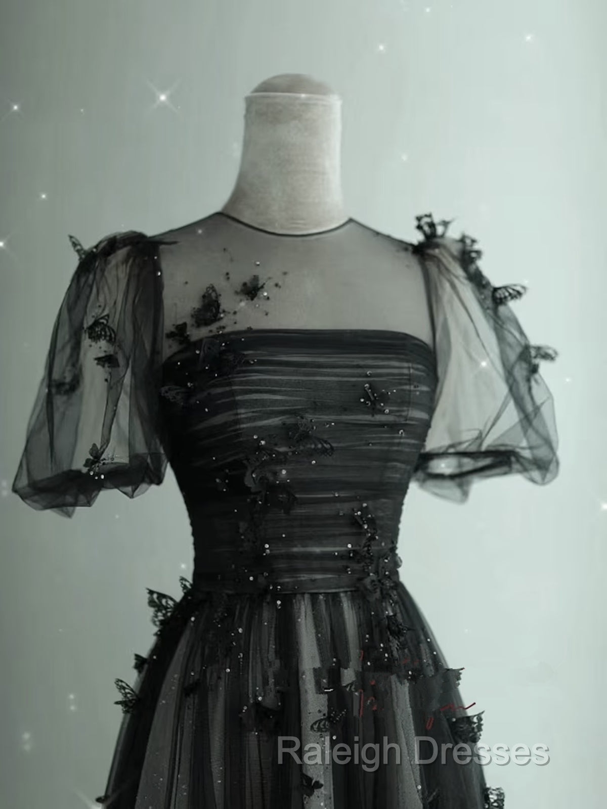 Black Tulle Puffy Short Sleeves A Line Prom Dresses Black Prom Dresseses