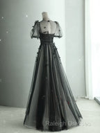 Black Tulle Puffy Short Sleeves A-Line Prom Dress, Black Evening Dress Party Dress