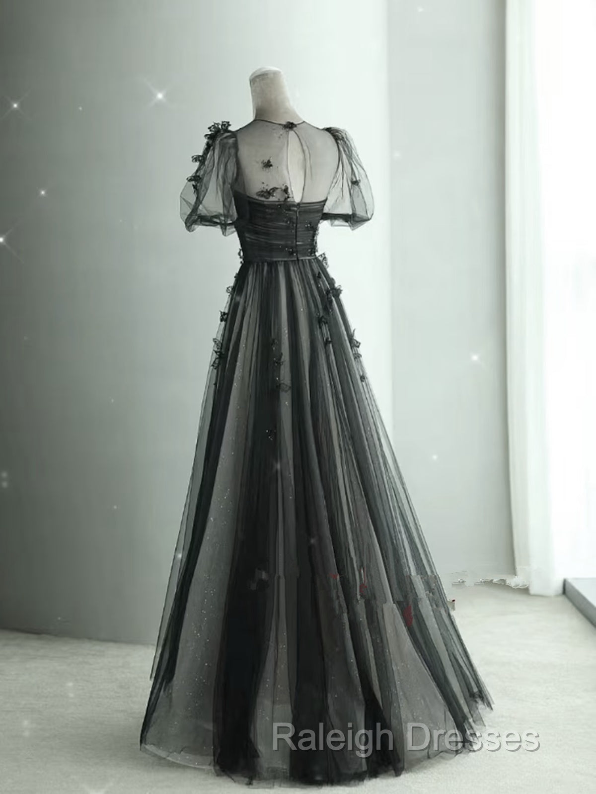 Black Tulle Puffy Short Sleeves A-Line Prom Dress, Black Evening Dress Party Dress