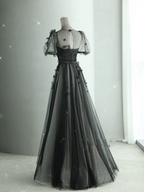 Black Tulle Puffy Short Sleeves A-Line Prom Dress, Black Evening Dress Party Dress