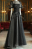 Black Tulle Puffy Short Sleeves A-Line Prom Dress, Black Evening Dress Party Dress
