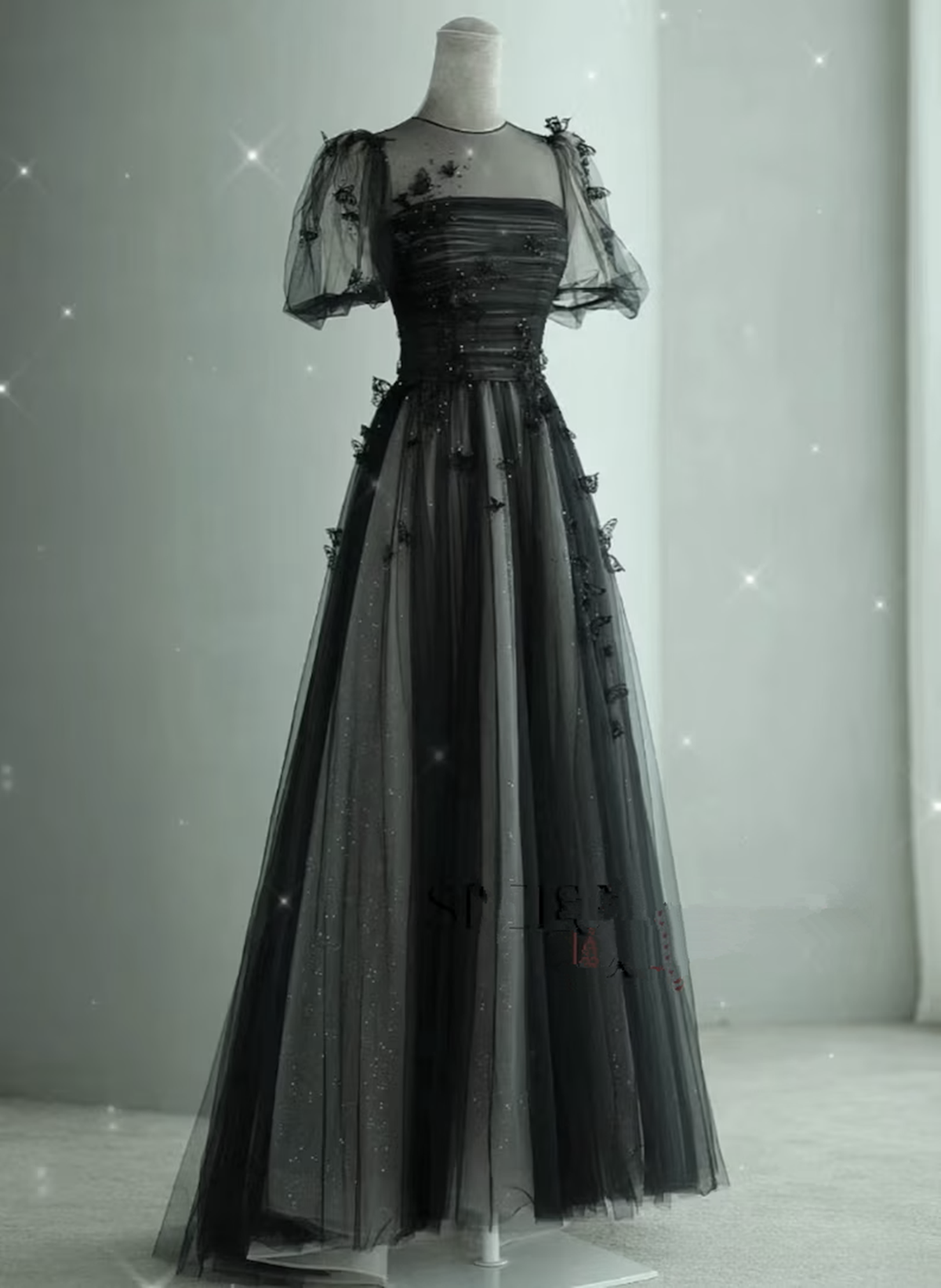 Black Tulle Puffy Short Sleeves A-Line Prom Dress, Black Evening Dress Party Dress Main image