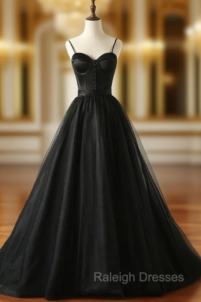 Black Tulle Satin Spaghetti Straps Button Prom Dress Main image