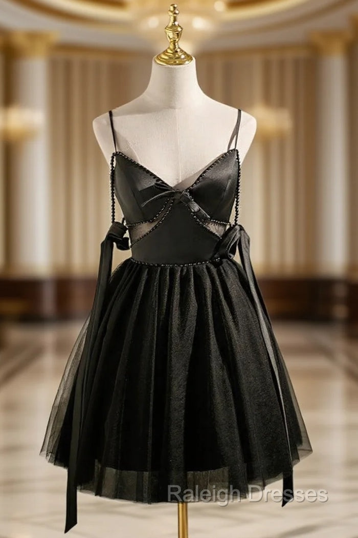 Black Tulle Satin Spaghetti Straps Pearls Homecoming Dress