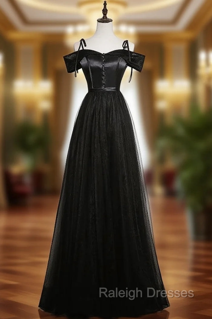 Black Tulle Satin Spaghetti Straps Prom Dress