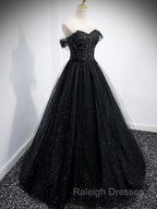 Black Tulle Sequin Long Prom Dress, Black Tulle Formal Dress