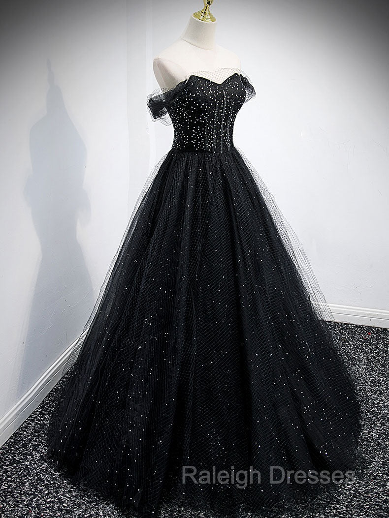 Black Tulle Sequin Long Prom Dress, Black Tulle Formal Dress