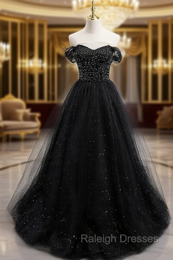 Black Tulle Sequin Long Prom Dress, Black Tulle Formal Dress Main image
