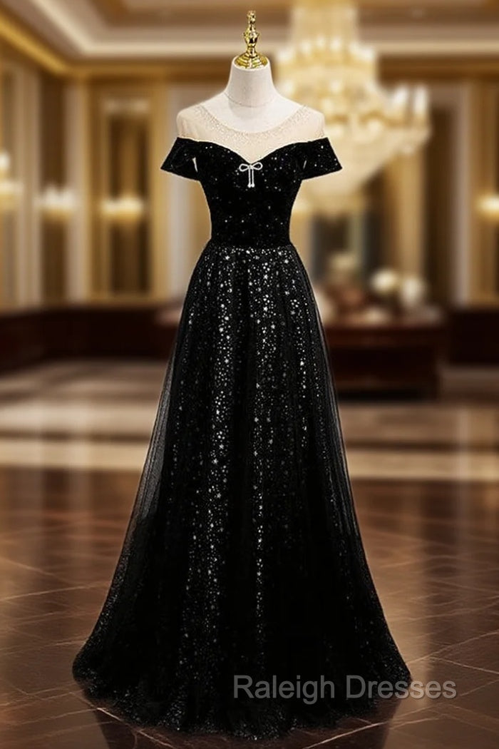 Black Tulle Sequins Cap Sleeve Prom Dresses