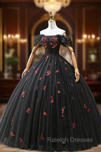 Black Tulle Sequins Long Formal Dress, A-Line Off the Shoulder Backless Evening Dress