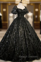 Black Tulle Sequins Long Prom Dress, A-Line Short Sleeve Formal Evening Gown