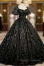 Black Tulle Sequins Long Prom Dress, A-Line Short Sleeve Formal Evening Gown