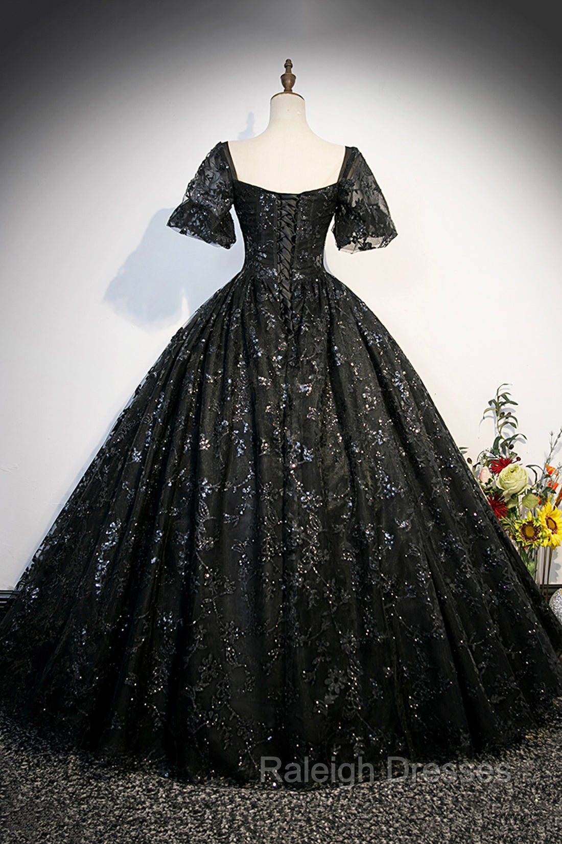 Black Tulle Sequins Long Prom Dress, A-Line Short Sleeve Formal Evenin