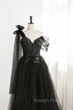 Black Tulle Sequins Long Prom Dress, Black One Shoulder Prom Dress