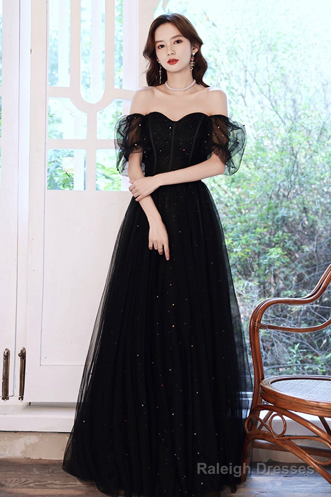 Black Tulle Sequins Long Prom Dress, Black Short Sleeve Evening Dress