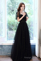 Black Tulle Sequins Long Prom Dress, Black Short Sleeve Evening Dress