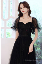 Black Tulle Sequins Long Prom Dresses Black Short Sleeve Prom Dresses