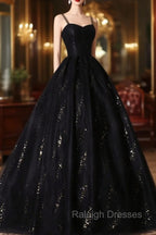 Black Tulle Sequins Long Prom Dress, Black Spaghetti Straps Evening Dress