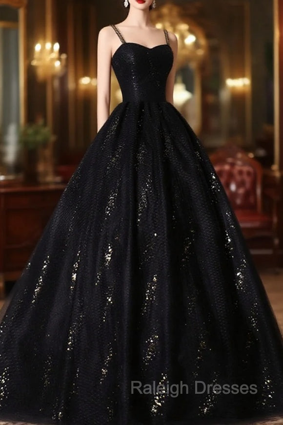Black Tulle Sequins Long Prom Dress, Black Spaghetti Straps Evening Dress