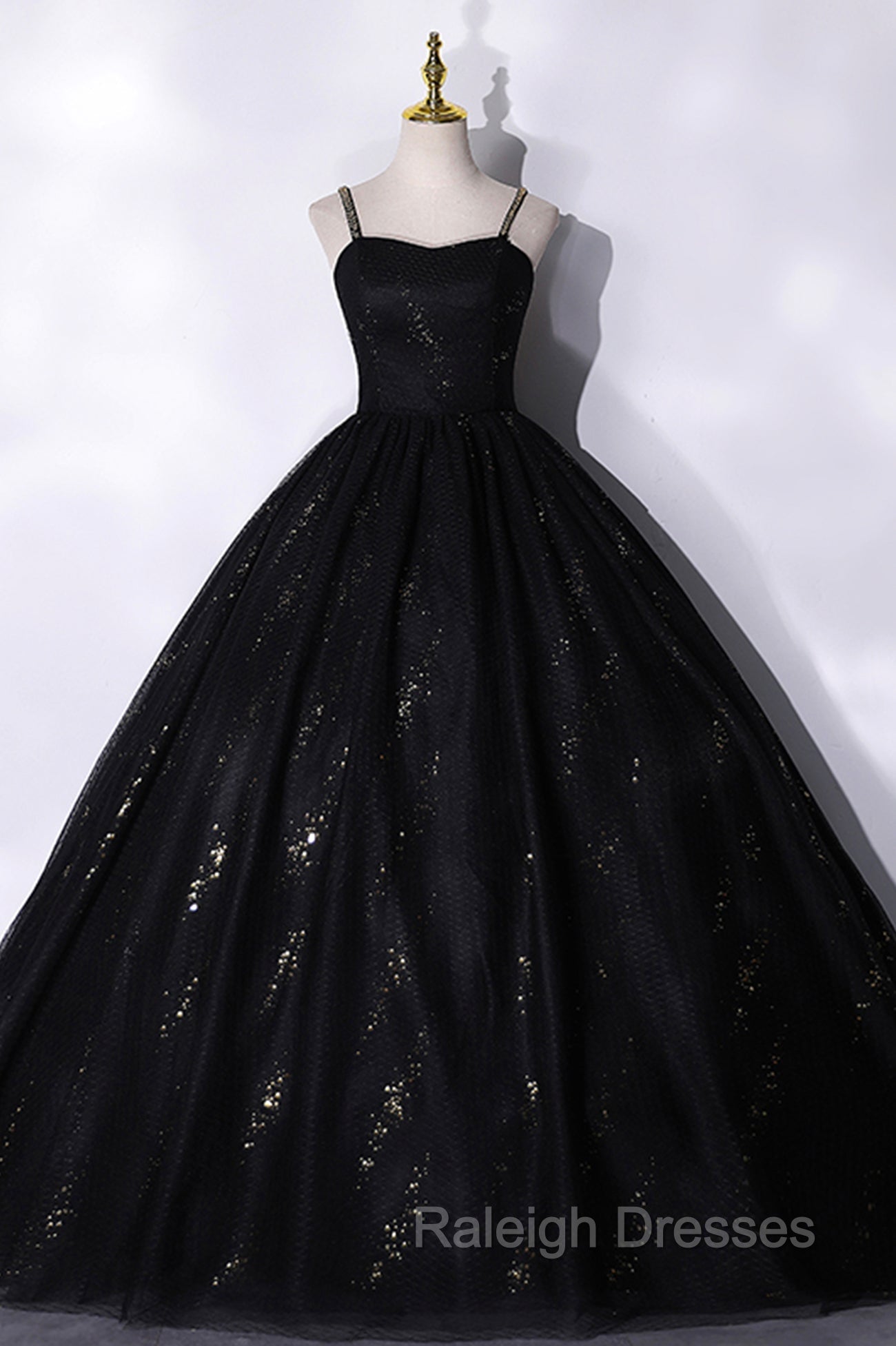 Black Tulle Sequins Long Prom Dress, Black Spaghetti Straps Evening Dress Main image