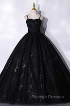 Black Tulle Sequins Long Prom Dress, Black Spaghetti Straps Prom Dress