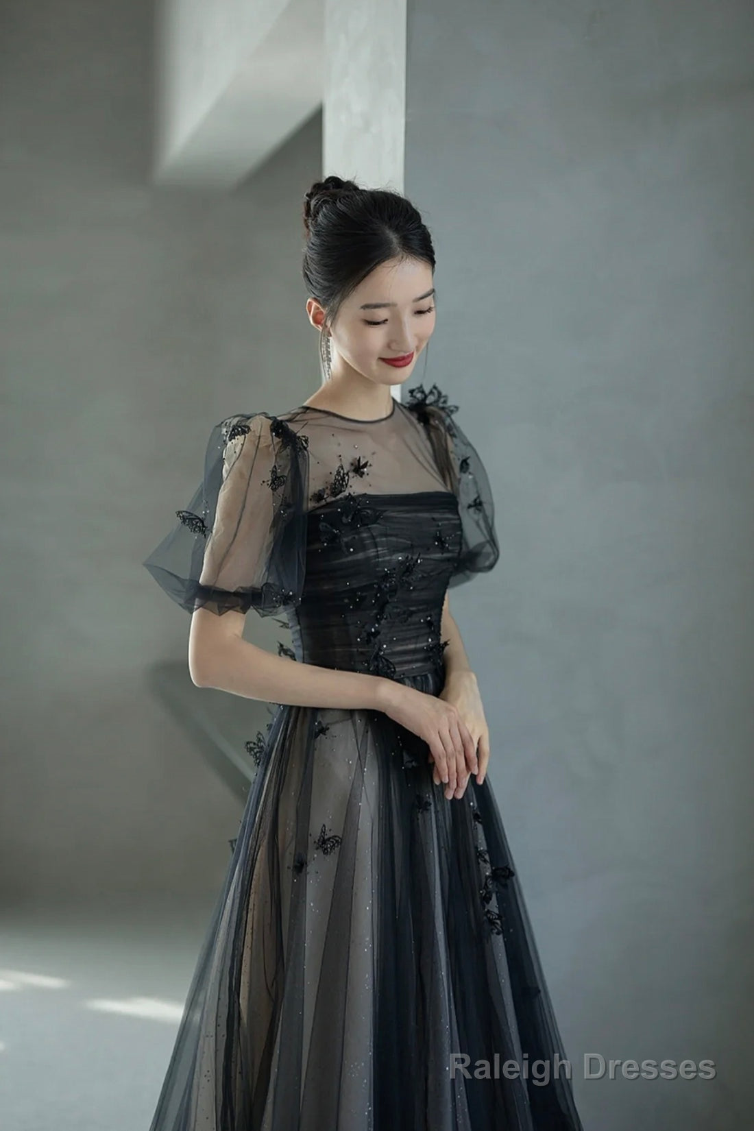 Black Tulle Sequins Long Prom Dress, Lovely A-Line Evening Party Dress