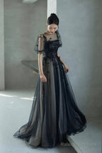 Black Tulle Sequins Long Prom Dress, Lovely A-Line Evening Party Dress