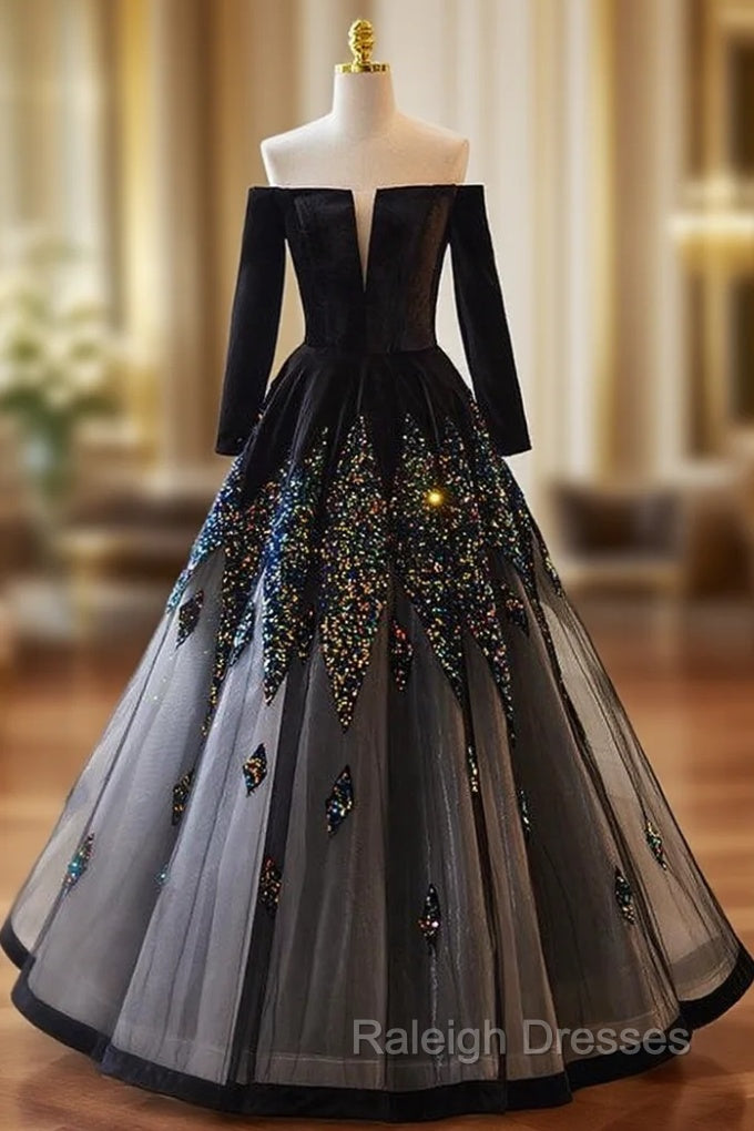 Black Tulle Sequins Long Sleeve Off the Shoulder Prom Dress