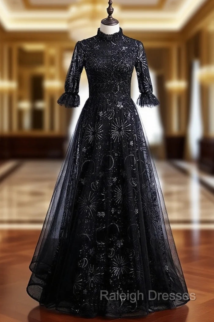 Black Tulle Sequins Short Sleeve Beading Prom Dress