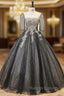 Black Tulle Sequins Short Sleeve Beading Quinceanera Dress