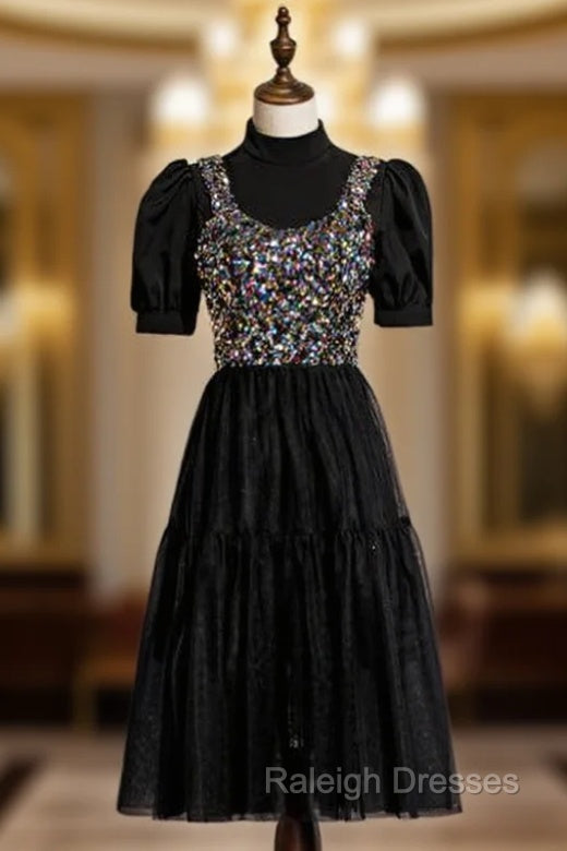 Black Tulle Sequins Short Sleeve Short Prom Dresses Main image