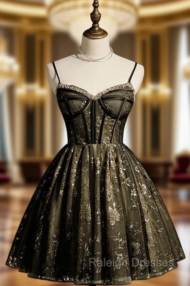 Black Tulle Sequins Spaghetti Straps Homecoming Dress