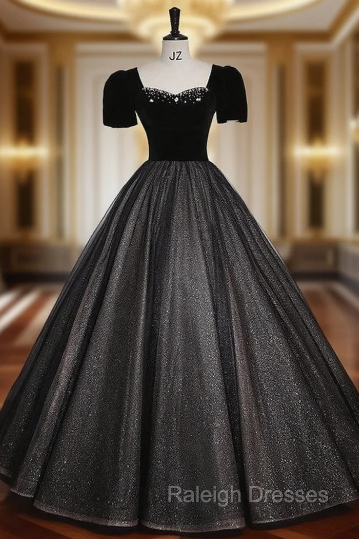 Black Tulle Sequins Square Neck Short Sleeve Beading Quinceanera Dress