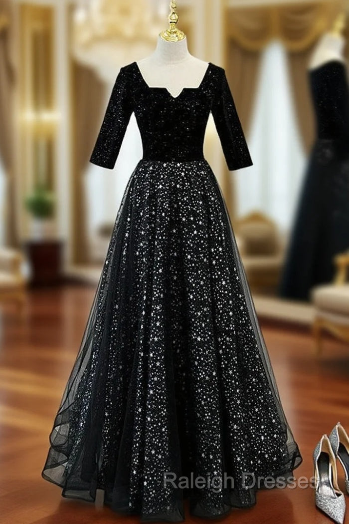 Black Tulle Sequins Square Neck Short Sleeve Prom Dress Main image
