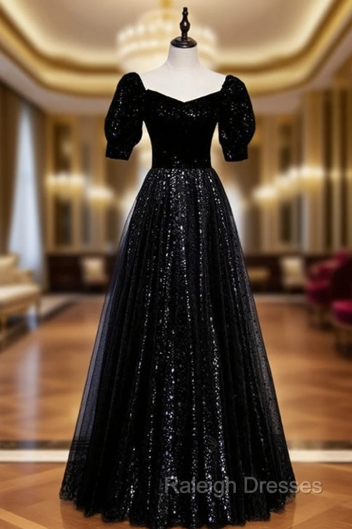 Black Tulle Sequins Square Short Sleeve Prom Dresses Main image