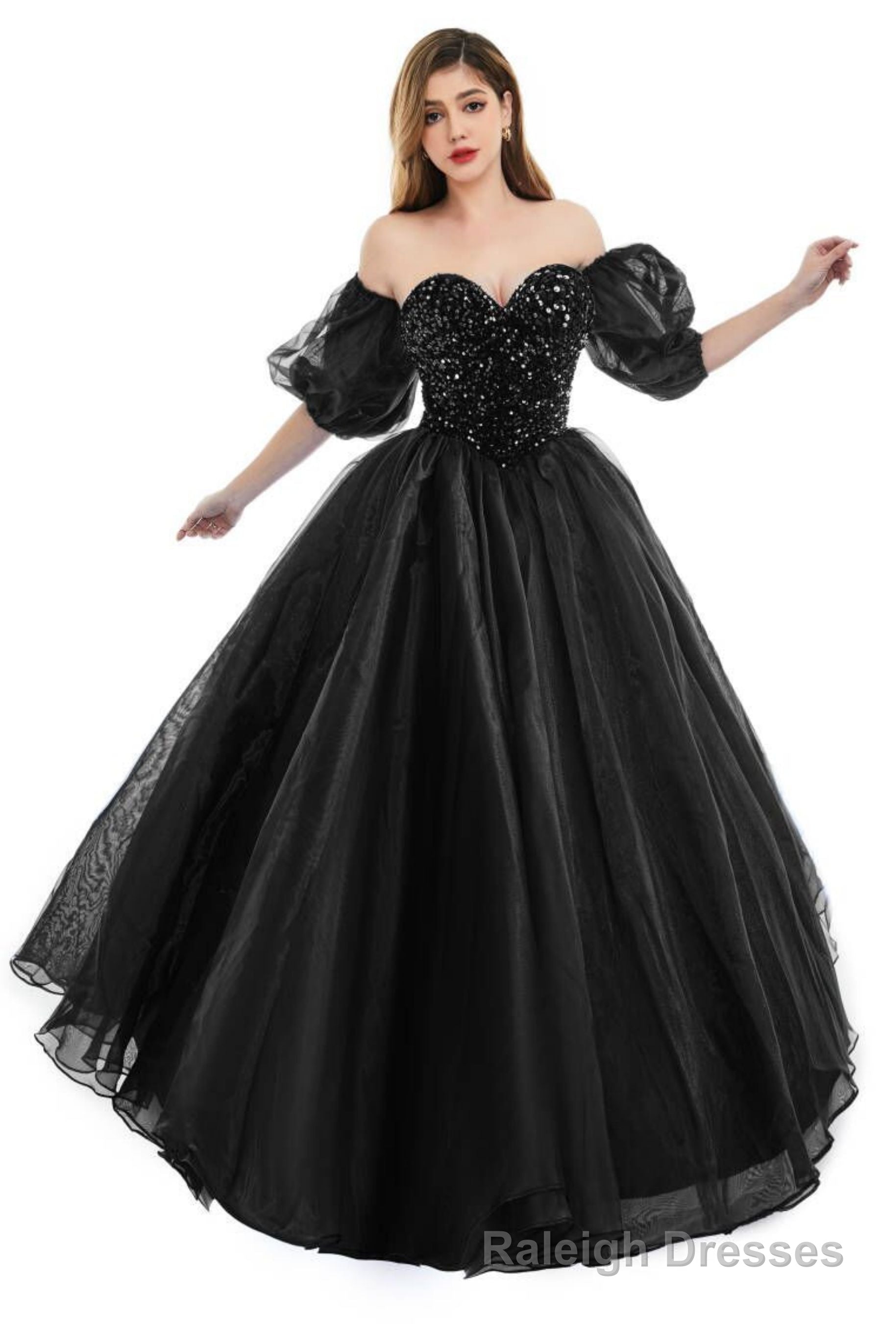 Black Tulle Sequins Sweetheart Prom Dresses Spaghetti Straps Evening Quinceanera Dresses Secondary image