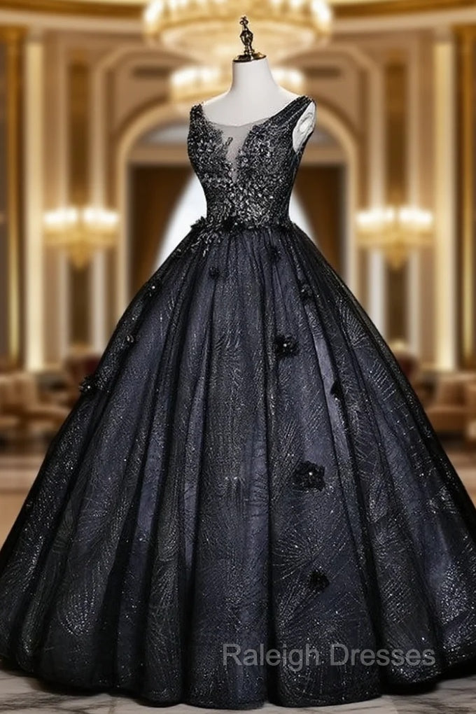 Black Tulle Sequins V-neck Appliques Quinceanera Dress Main image