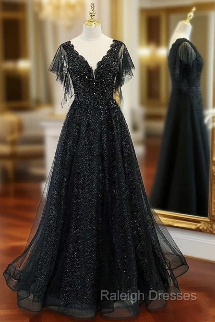 Black Tulle Sequins V-neck Beading Prom Dress