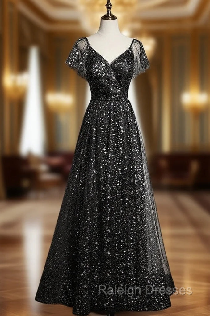 Black Tulle Sequins V Neck Prom Dresses