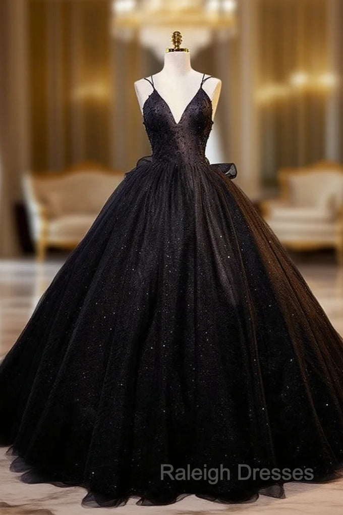 Black Tulle Sequins V-neck Quinceanera Dress