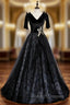 Black Tulle Sequins V Neck Short Sleeve Prom Dresses