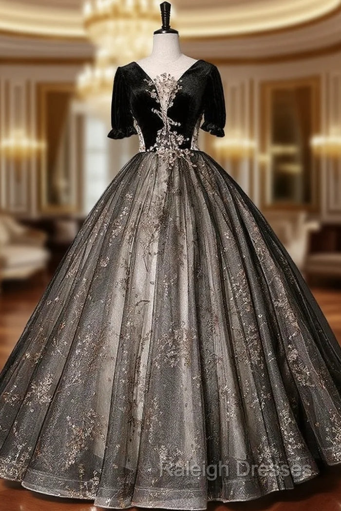 Black Tulle Sequins Velvet Quinceanera Dressline:floor length Neckline:scoop Fabric:tulle Shown Color:black Sleeve Style:short sleeve Back Style:lace up Embellishment:sequins Built-in Bra: yes Main image