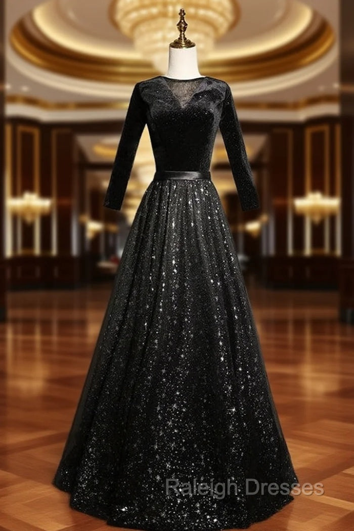 Black Tulle Sequins Velvet Short Sleeve Prom Dress Main image