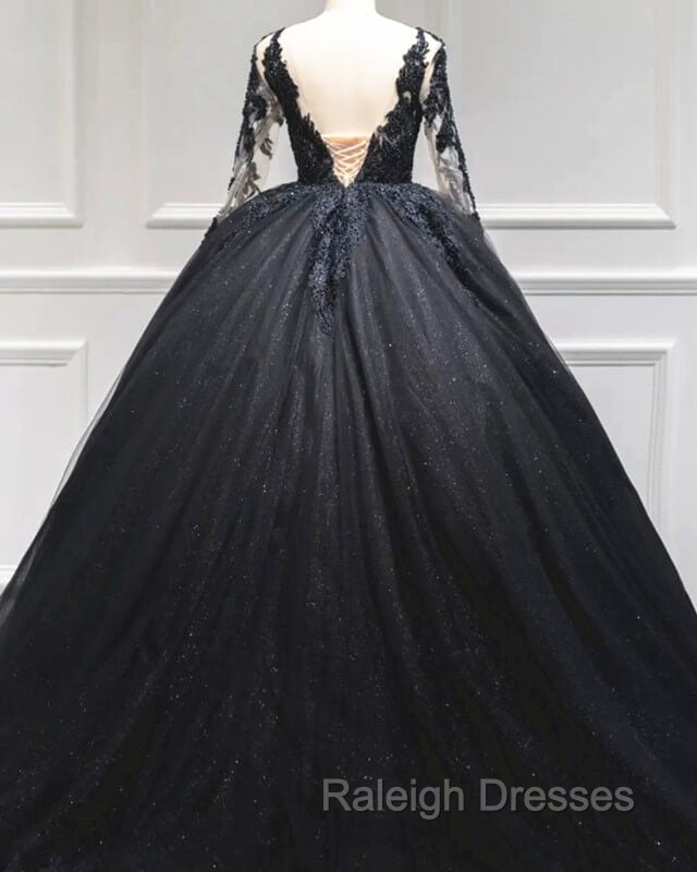 Black Tulle Sheer Neck Appliques Ball Gowns Dress