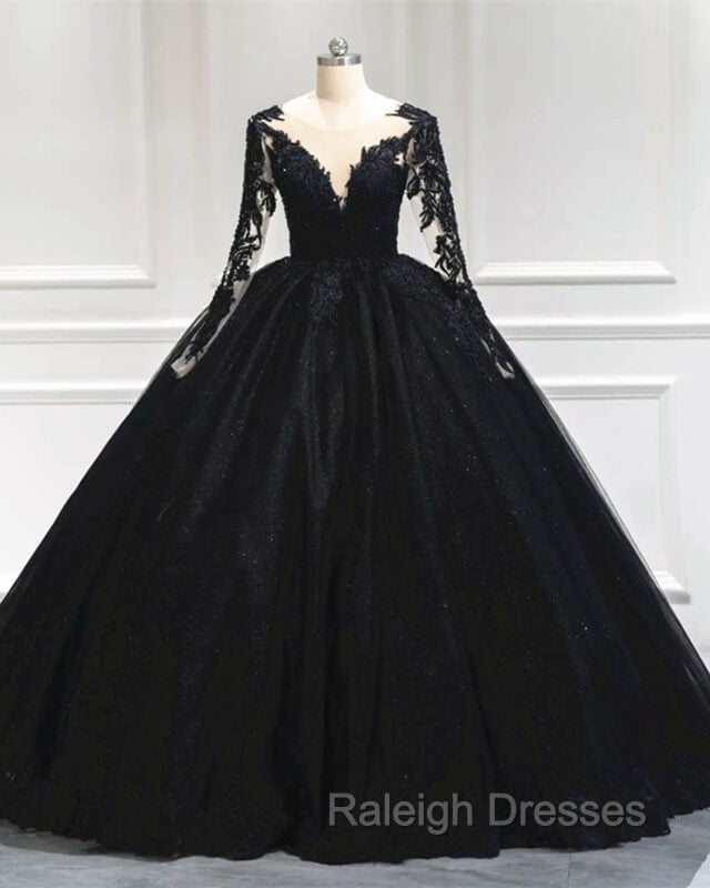 Black Tulle Sheer Neck Appliques Ball Gowns Dress