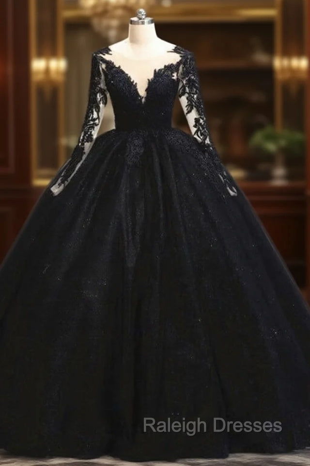 Black Tulle Sheer Neck Appliques Ball Gown Dress Main image