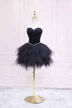 Black Tulle Short Prom Dresses with Feather A Line Sweetheart Neckline Prom Dresses